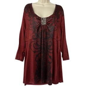 One World Tunic Top Womens 3X Red Black Embellished Flowy Boho Whimsigoth Witchy
